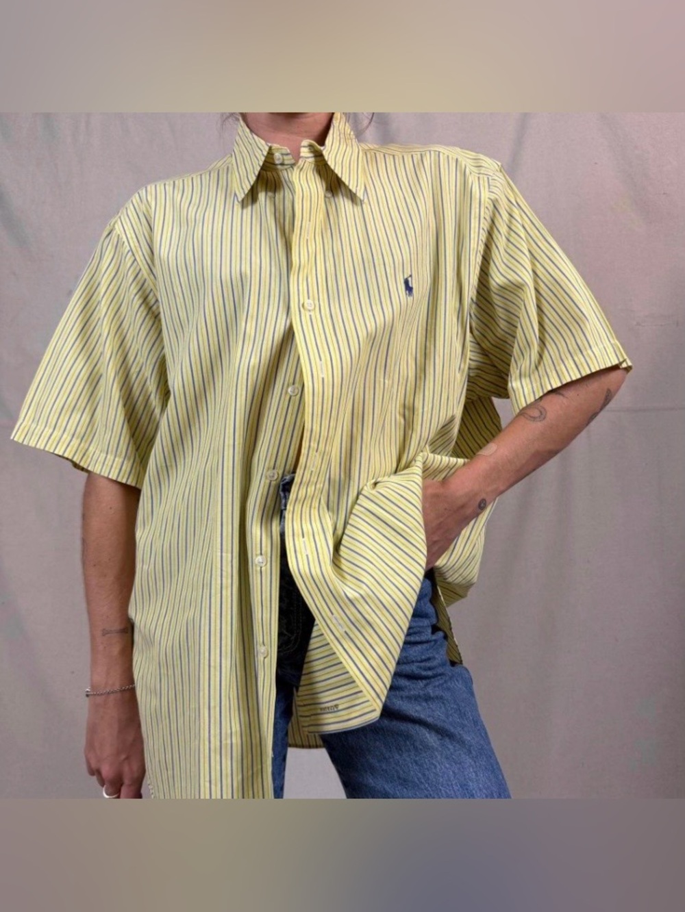 Ralph Lauren Yellow Shirt with Blue & Whit Stripe Short-Sleeve Button-Down Shirt